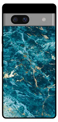 A smartphone case with a blue and gold marble design is shown against a black background.