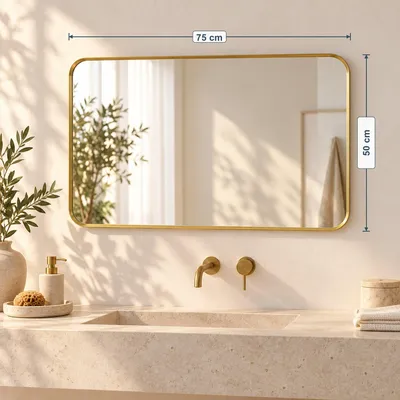 LunaMirror Theo 75 x 50 cm, rechthoekige wandspiegel met afgeronde hoeken en geribbelde aluminium lijst, goudkleurig – 1