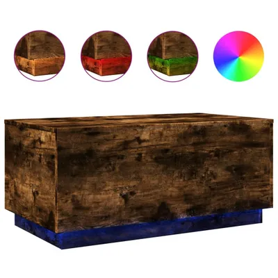 A wooden couch table with LED lighting, shown with color options.
