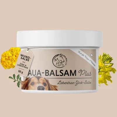 Produktbild von Aua-Balsam Plus 50 g - Lebertran Zinksalbe für Hunde & Katzen - Wundsalbe Hund & Katze - Lebertran, Zink, Rapsöl, Ringelblume & Vaseline