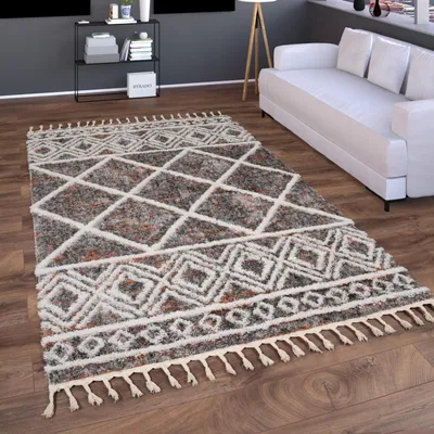 Immagine prodotto di Tappeto a pelo alto soggiorno shaggy boho moderno scandi frange a rombi dimensioni 140x200 cm