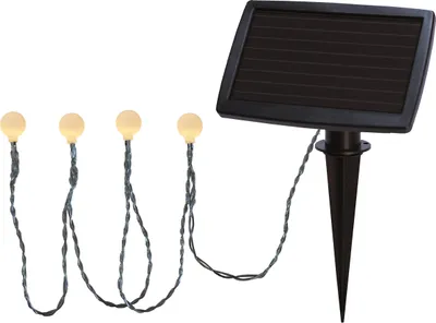 A solar-powered LED string light with a solar panel and stake.
