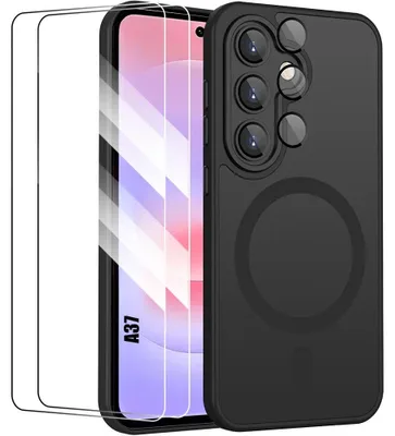 Image de Coque + 2 Verres Trempés pour Samsung Galaxy A37 5G, avec Cercle Magnétique et Film Caméra - Noir
