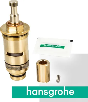 A faucet cartridge and related parts are displayed against a white background, with a green band at the bottom featuring the brand name.