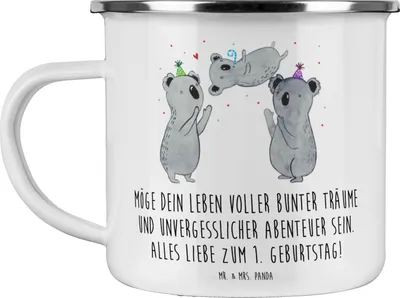 Produktbild von Mr. & Mrs. Panda Teetasse Alles Liebe zum 1. Geburtstag - Weiß - Geschenk, Familientag, Kleinkind, Alter, Pott, Emaille Tasse, Teebecher, Becher, unvergessliche Abenteuer