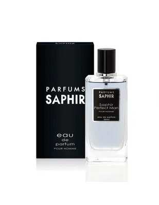 A bottle of Saphir Perfect Man Eau de Parfum and its packaging are displayed against a white background.