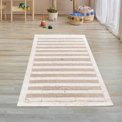 Zdjęcie produktu dla Dywan do pokoju dziecięcego miękki i wytrzymały w paski w kolorze kremowo-beżowym rozmiar - 80 x 150 cm