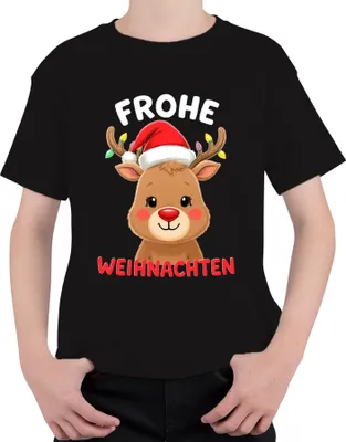 Produktbild von Frohe Weihnachten Weihnachtsgeschenk Rentier niedlich Rudolph Uni Kinder T-Shirt, Schwarz, 140