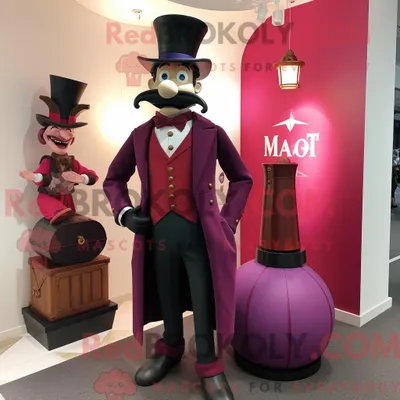 Produktbild von Maskottchenfigur REDBROKOLY eines magentafarbenen Zirkusdirektors mit Oxford-Hemd und Handtaschen