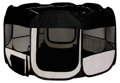 Image de lionto Enclos pour chiots avec système pop-up, enclos pliable pour chiens & petits animaux, 110 cm de diamètre, 64 cm de hauteur, noir/beige