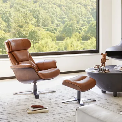 Produktbild von CHITA Echtleder Relaxsessel mit Fußhocker, 360° drehbar, Liegefunktion, bis 159 kg belastbar, （Braun）