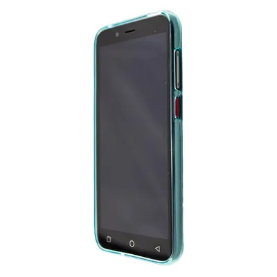 A side view of a smartphone in a light blue case, isolated on a white background.