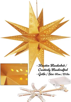 A golden star-shaped lantern with cut-out star patterns, shown hanging, with a close-up inset of the lantern's construction and a separate image of a battery-powered LED light string.