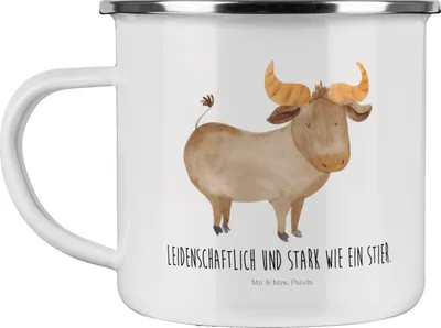 Produktbild von Mr. & Mrs. Panda Teetasse Sternzeichen Stier - Weiß - Geschenk, Outdoor Becher, Kaffeepott, Pott, Geburtstag Mai, April, Teebecher, Ochse, Emaille Tasse, Rind