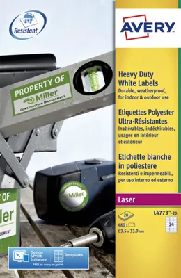 Obrázek produktu pro Avery L4773-20, Bílá, Zaoblený obdélník, Permanentní, DIN A4, Polyester, Matný
