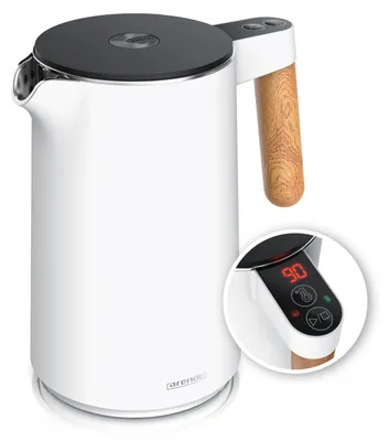 Image de Bouilloire Arendo avec réglage de la température de 40 °C à 100 °C, affichage de la température, sélection de la température, acier inoxydable, 1,5 L, 2200 W, double paroi, fonction de maintien au chaud, poignée aspect bois, blanche