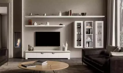 Obrázok produktu pre Obývacia izba s nízkou nástennou skrinkou z dreva dizajn biela moderná sada 6 ks.
