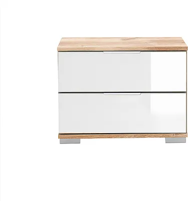 Produktbild von Schlafzimmer Nachttisch Nachtschrank in Plankeneiche Nb. mit weißem Glas ELSTRA-43, B/H/T ca. 52/40/38 cm