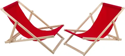 Two red deck chairs made of wood are shown against a white background.