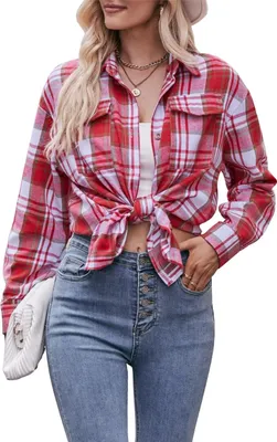 Produktbild von ASKSA Damen Karierte Bluse Casual Oversized Hemdbluse Langarmshirt Elegant Hemd Oberteile, Rot, S