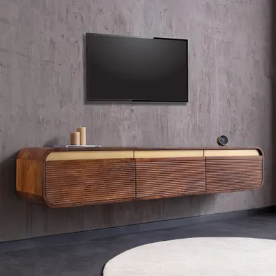 Produktbild von riess-ambiente Hängendes TV-Board MONZA 160cm braun gold Mangoholz mit Lamellenfront und Griffleiste