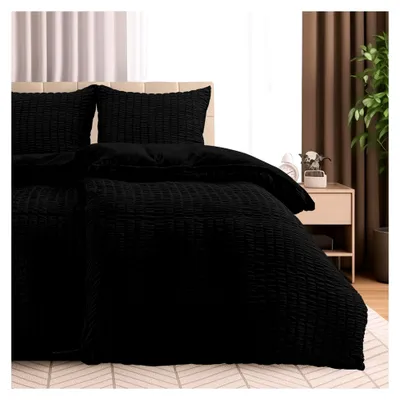 Produktbild von Seersucker Bettwäsche 135x200 4-teilig - Mikrofaser Polyester 2 Bettbezüge 135x200 cm + 2 Kissenbezüge 80x80 cm – Schwarz