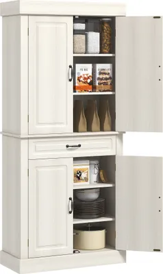 Produktbild von HOMCOM Küchen-Sideboard mit 2 Schränken und Schublade, Vorratsschrank aus Holz im Kolonialstil, 80 x 35 x 180 cm, weiß