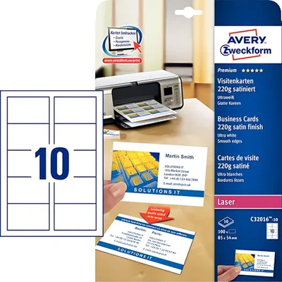Produktbild von Zweckform Quick and Clean C32016 Laser Visitenkarte - Weiß - 85 mm x 54 mm - 220 g/m² Grammage - Satin - 10er Blatt