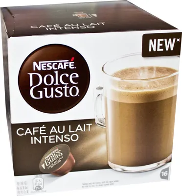 A box of Nescafé Dolce Gusto Café au lait Intenso coffee capsules, with a glass of prepared coffee shown.