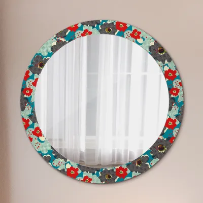 Produktbild von Dekospiegel – Hängespiegel Wandspiegel Spiegel mit Aufdruck – Spiegel – Schlafzimmer - Retro Blumen Muster - Rund: Ø80cm