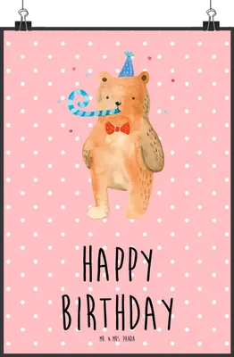 Produktbild von Mr. & Mrs. Panda Bild Bär Geburtstag DIN A2 - Rot Pastell - Geschenk, Teddy, Deko, drucke, wanddeko, Happy Birthday, Wandbild, Alles Gute, Glückwunsch, Plakat