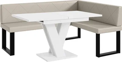 Produktbild von MEBLINI Eckbank für Esszimmer mit ausziehbarem Tisch  - Küchenbank - Essecke - Sitzecke Küche - ERIC - U-Beine 128x168x87cm Rechts - Beige Kunstleder/M Weiß Matt