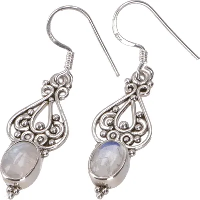 Produktbild von Indische Silberohrringe, Filigrane Ethno Ohrringe, Boho Ornament Ohrhänger - Mondstein, Silber-Farben, SterlingSilber, 3,5*1 cm, Silberohrringe