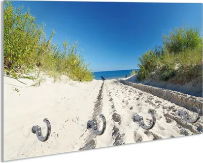 Produktbild von Wallario Handtuchhalter aus Glas, Motiv: Auf dem Sandweg zum Strand - Blauer Himmel über dem Meer, 30 x 20 cm mit 4 Haken