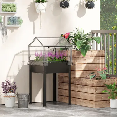 Produktbild von erhöhte Pflanzenbox mit Ablaufloch, Hochbeet mit Gewächshaus-Abdeckung, Metall-Stahl, Schwarz | 8,5 kg | 60 x 60 x 120 cm