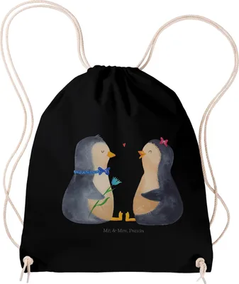 Produktbild von Mr. & Mrs. Panda Jutebeutel Pinguin Pärchen - Schwarz - Geschenk, Verknallt, Säckchen, Stoffrucksack, wander rucksack, Liebe, Hochzeitstag, Kleiner, gym tasche, Hochzeit