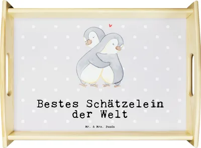 Produktbild von Mr. & Mrs. Panda Servierplatte Holz Pinguin Bestes Schätzelein der Welt - Grau Pastell - Geschenk, Ehemann, Schatz, Serviertablett, Tablett, Deko, Freundin, Hochzeitstag