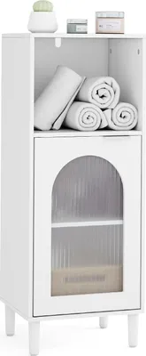 Produktbild von GOPLUS Badezimmerschrank, Badschrank mit verstellbarem Regal, Glastür, 1 offenes Fach, Aufbewahrungsschrank schmal für Flur, Küche, 35 x 30 x 90 cm