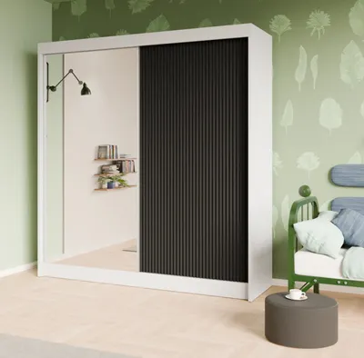 Produktbild von Schwebetürenschrank, 2-türig Kleiderschrank und Spiegel, Moderne Garderobe, Schrank in Größe: 200 x 215 x 61 cm