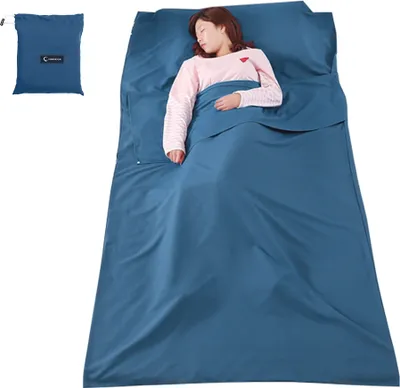 Produktbild von Ultraleichter, schmutzabweisender Reiseschlafsack, Polyesterfasergewebe, blau, 115 cm x 210 cm