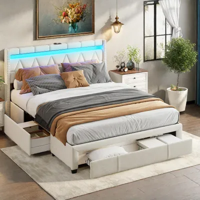 Produktbild von ProximaX Gepolstertes Doppelbett 160×200 cm in Beige mit Diamant-Kopfteil, LED-Beleuchtung, USB-Anschluss und 4 Metall-Schubladen – modernes Stoffbett mit praktischem Stauraum