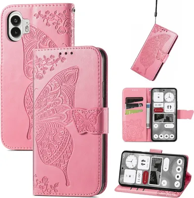 Image de Étui portefeuille en similicuir pour Nothing Phone 2, motif papillon, rose