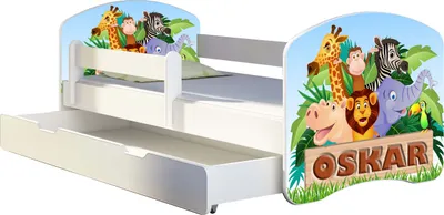 Produktbild von ACMA Jugendbett Kinderbett Junior-Bett Komplett-Set mit Matratze Lattenrost und Rausfallschutz Weiß 02 Animals Name 160x80 + Bettkasten