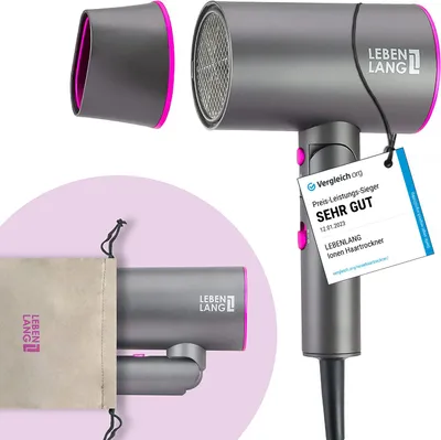 A hairdryer and its accessories are displayed against a white and light purple background. A tag with product information is attached to the hairdryer.