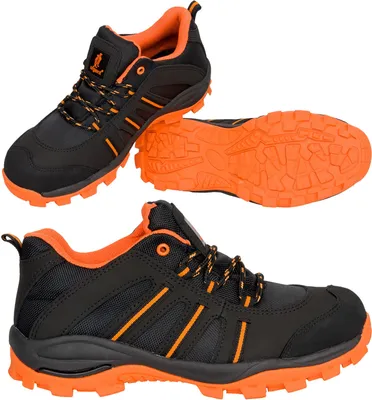 A collage of three views of a pair of black and orange athletic shoes.
