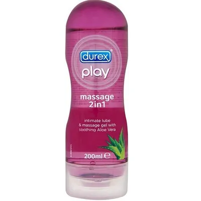 A bottle of Durex Play massage 2in1 intimate lube and massage gel with soothing Aloe Vera.