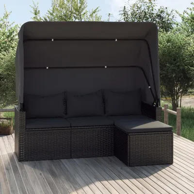 Produktbild von Ankonbej 3-Sitzer-Gartensofa mit Dach und Fußhocker Schwarz Poly Rattan