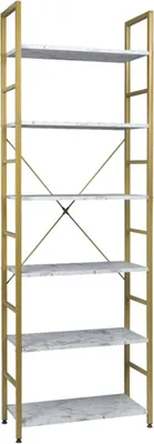Produktbild von Happyment Bücherregale Nerry – Industrieel – 6 Lagen – Weiß/Gold – Marble Look – Bücherregal – Wohnzimmer, Schlafzimmer & Kinderzimmer – Holz/Metall – 60x28x180 cm