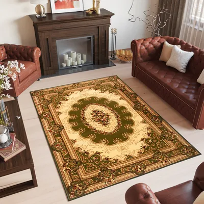 Produktbild von Teppich Wohnzimmer Schlafzimmer Kurzflor Design Klassisch Muster Floral Grün Beige Creme  70 x 140 cm