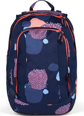A navy blue backpack with a colorful abstract pattern of circles and dots in shades of pink, purple, and light blue. The backpack has orange zippers and trim. It is shown from the front against a white background.